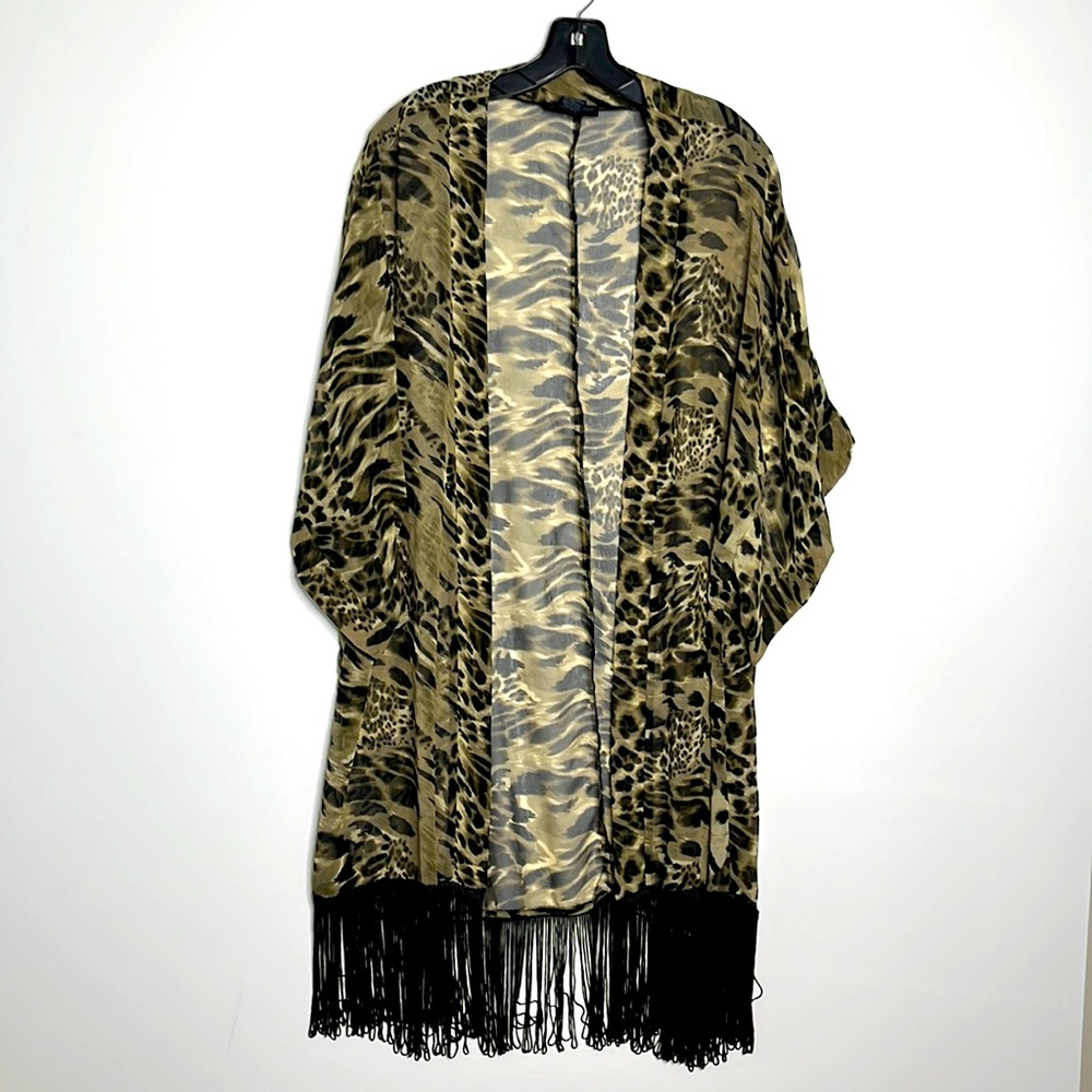 STEVE MADDEN Leopard Print Fringed Hem Boho Kimono Cardigan Cover Up